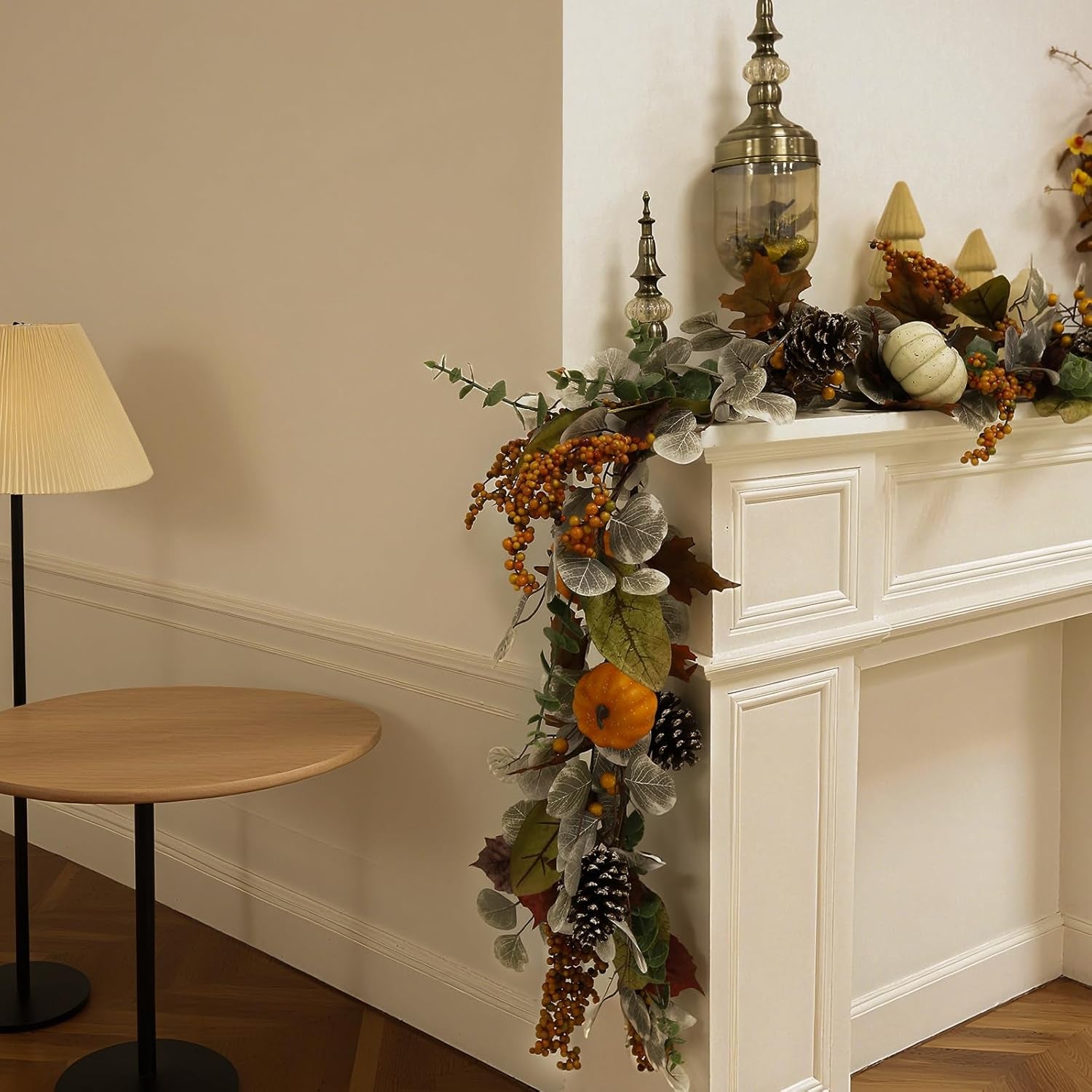 Fall Leaves Garland for Mantle, 6Ft Greenery Leaf Garland with Pumpkins and Fall Eucalyptus for Table,Mantle,Fireplace,Autumn and Thanksgiving Decor