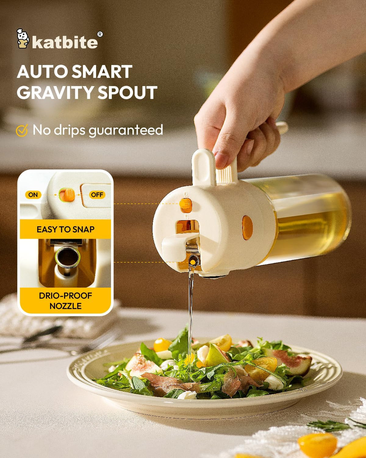 2 in 1 Oil Sprayer & Pour for Cooking, 18.6 Oz(550Ml) Glass Olive Oil Dispenser Bottle, One-Touch Open Lid, Non-Drip Leak-Proof Design, Fine Mist(0.5G/Spray) for Air Fryer, Salad, Yellow