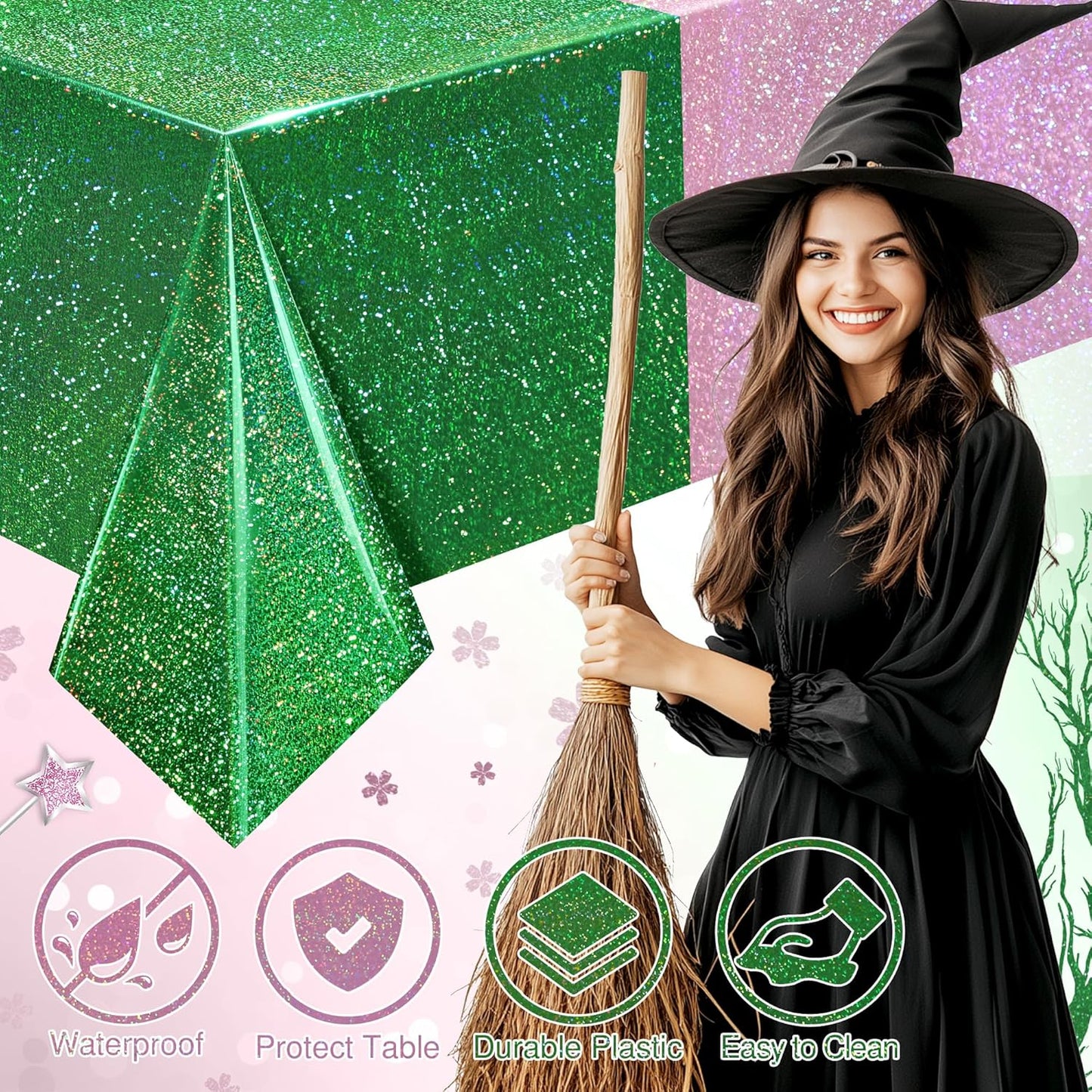 2-Pack Iridescent Green and Pale Pink Holographic Tablecloths 40x108" - Shiny Plastic Table Covers for Celebrations, Baby Showers, Birthdays, Weddings, Anniversaries, Bachelorette Parties, and Holiday Events