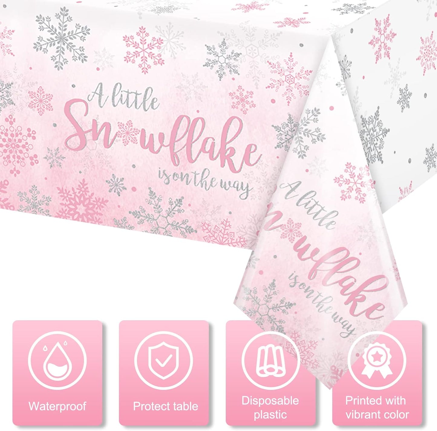 3Pcs Winter Snowflake Tablecloth, Little Snowflake Is on the Way Baby Shower Plastic Pink Tablecloth, Winter Wonderland Baby Shower Decorations for Onederland Princess Gender Reveal, 54X108Inch