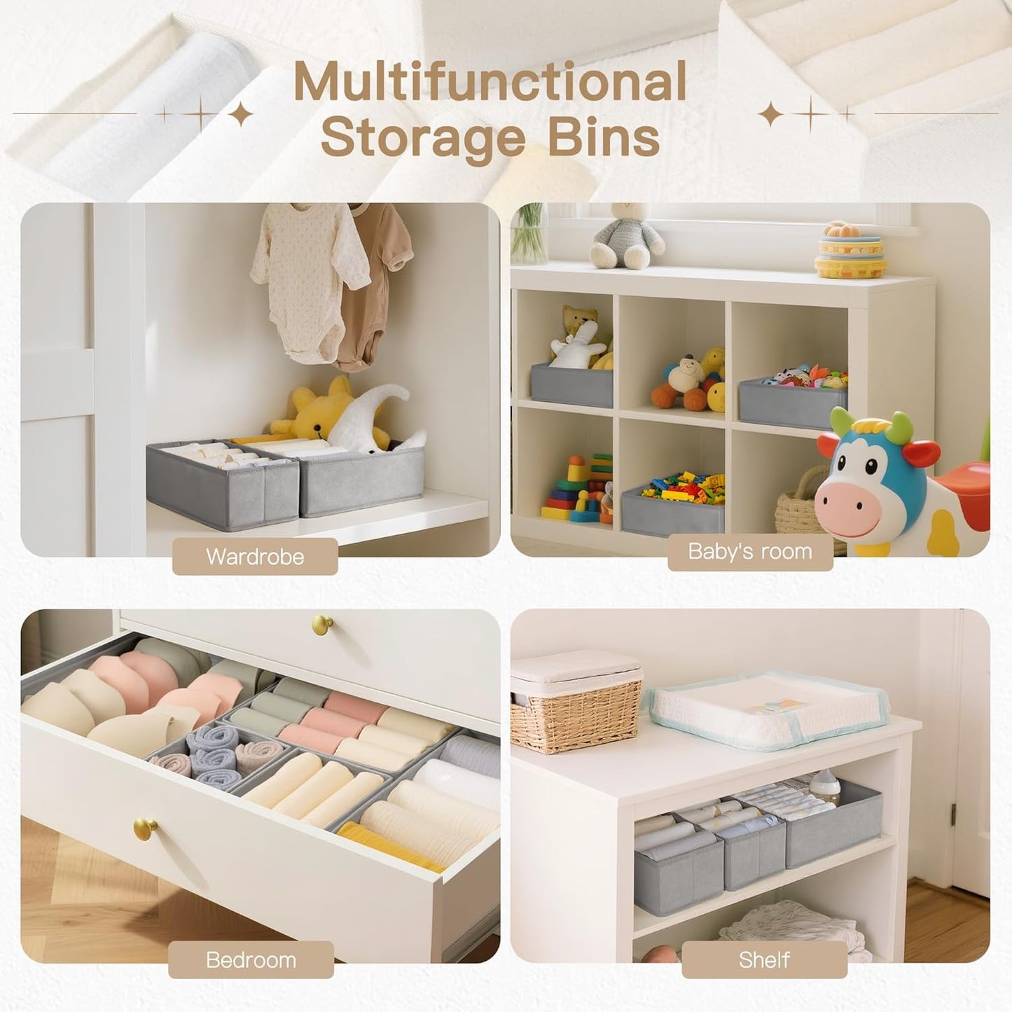 Drawer Organizer Clothes, 14 Pack Dresser Organizer for Baby Clothes, Underwear, Sock- Foldable Closet Organization and Storage Dividers Bins for Nursery, Bedroom and Dorm (Grey)