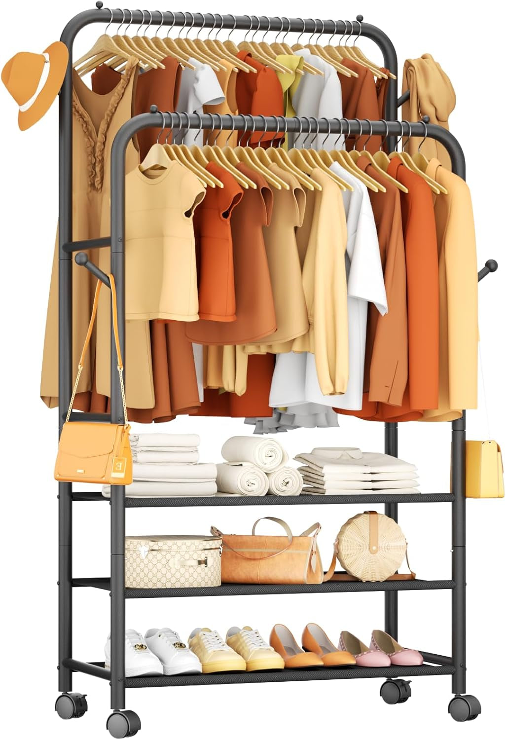 Clothes Racks for Hanging Clothes, Portable Rolling Garment Rack, Sturdy Metal Freestanding Cloths Racks with Wheels, Double Rods Wardrobe Rack for Bedroom Laundry Living Room