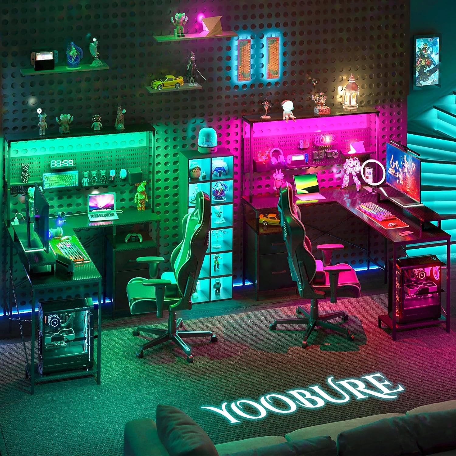 L Shaped Gaming Desk with Pegboard, Reversible Computer Desk with LED Lights & Power Outlets, Drawers & Storage Shelves, Home Office Desks