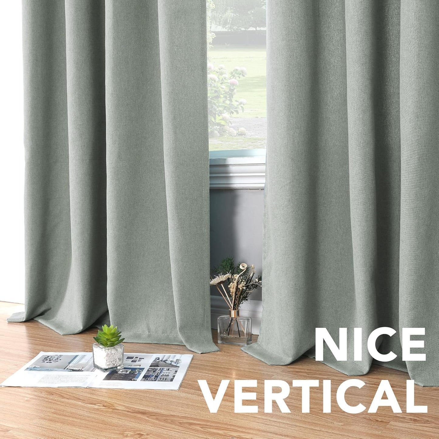 Linen Curtains with Valance 63 Inch Long 2 Panels Farmhouse Boho Privacy Window Curtains for Living Room Bedroom Ring/Rod Pocket Privacy Light Filtering Drapes, 52X 63 Inch, Heather Sage