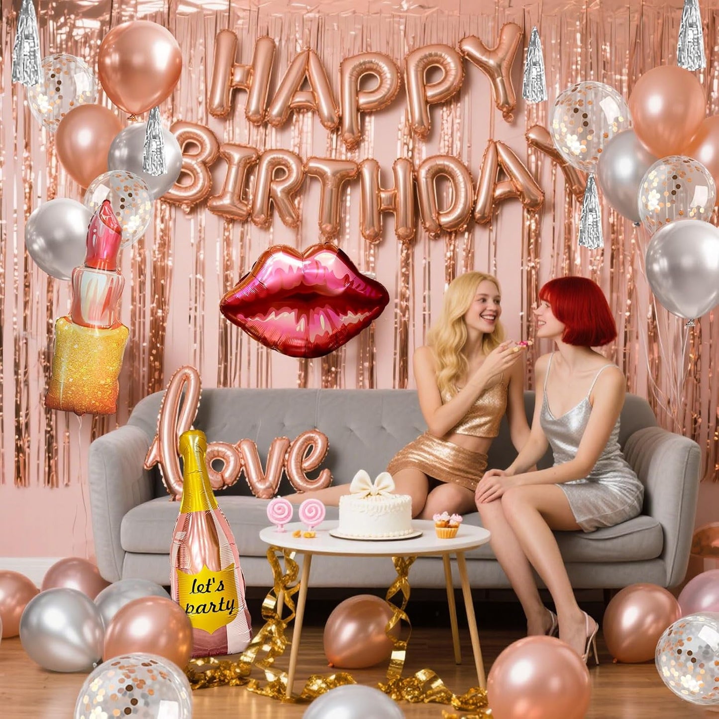 Rose Gold Birthday Decorations for Girls - Happy Birthday Banner, Fringe Backdrop, Rose Gold Balloons, Foil Letters Balloons, Decoracion De Cumpleaños Para Mujer for 13Th,18Th,21St,30Th,40Th,50Th