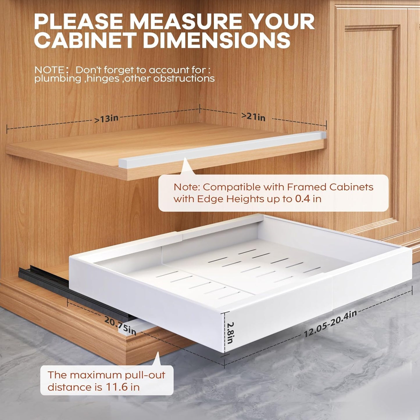 Expandable Pull-Out Cabinet Organizer Set - 21" Deep with Adjustable Width (12.05"-20.4") for Framed Cabinets, Featuring 3 Slide Rails and Adhesive Roll-Out Shelves - White Finish