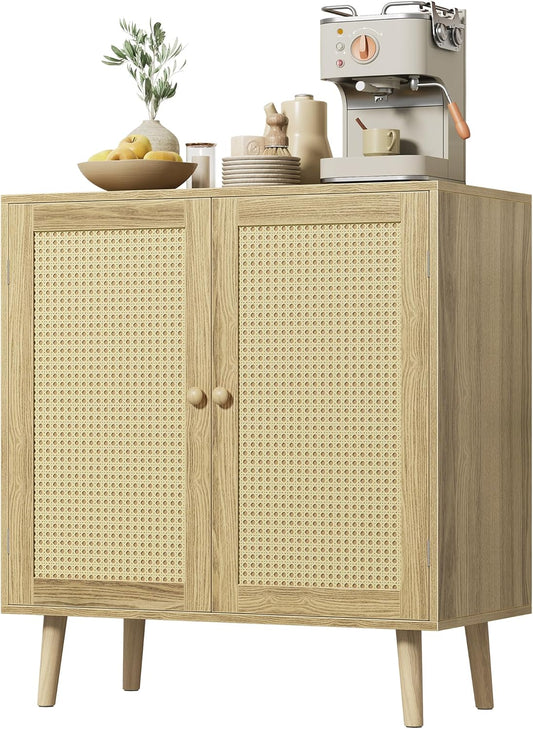 Buffet Cabinet with Storage and PE Rattan Decor Doors, Accent Sideboard with Solid Wood Legs for Hallway, Entryway, and Living Room in Natural Finish