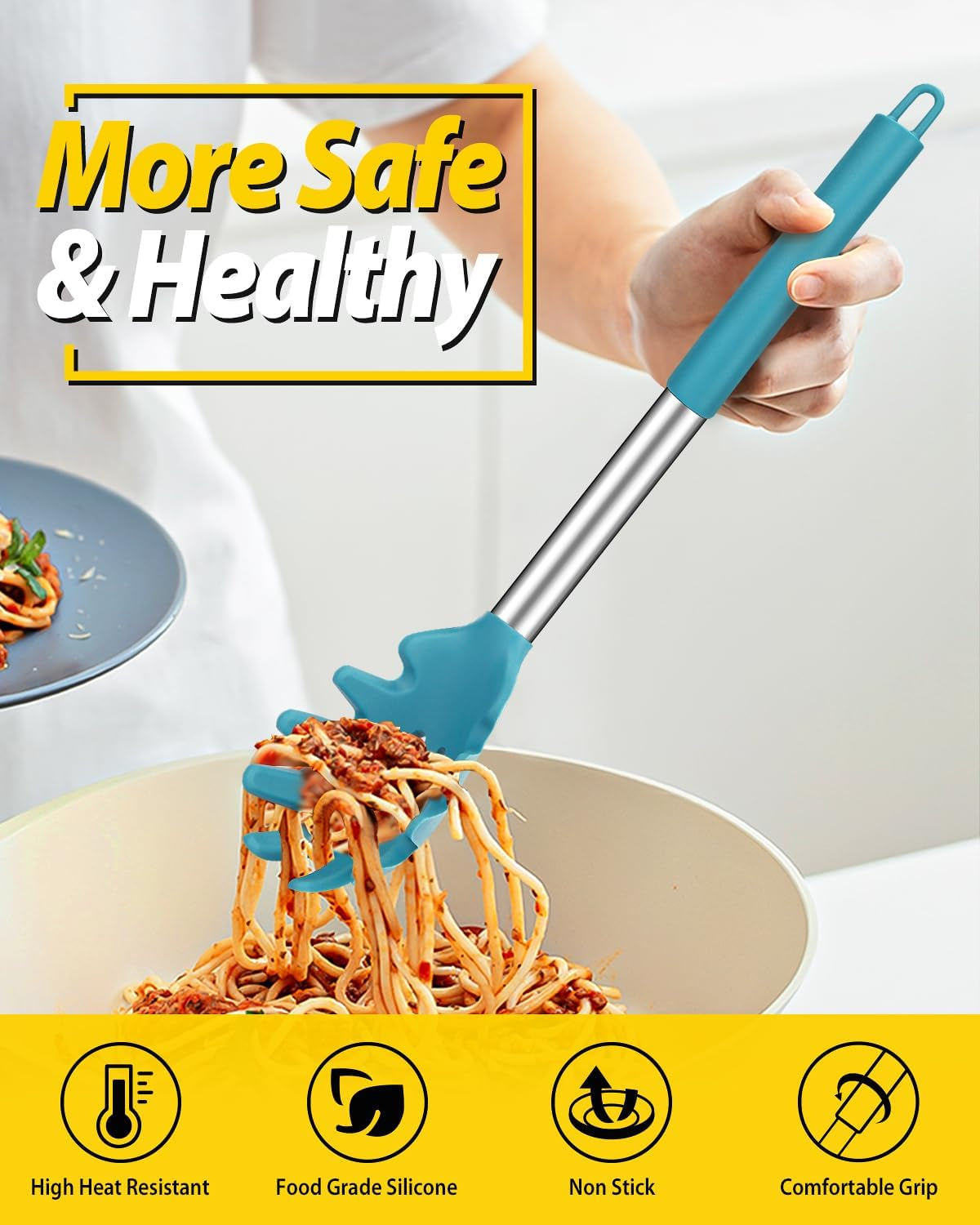 Silicone Pasta Fork and Cooking Spoon Set, Non Stick Kitchen Utensils for Cooking,Stirring,Serving Spaghetti, Soup, Sauce (BLUE)
