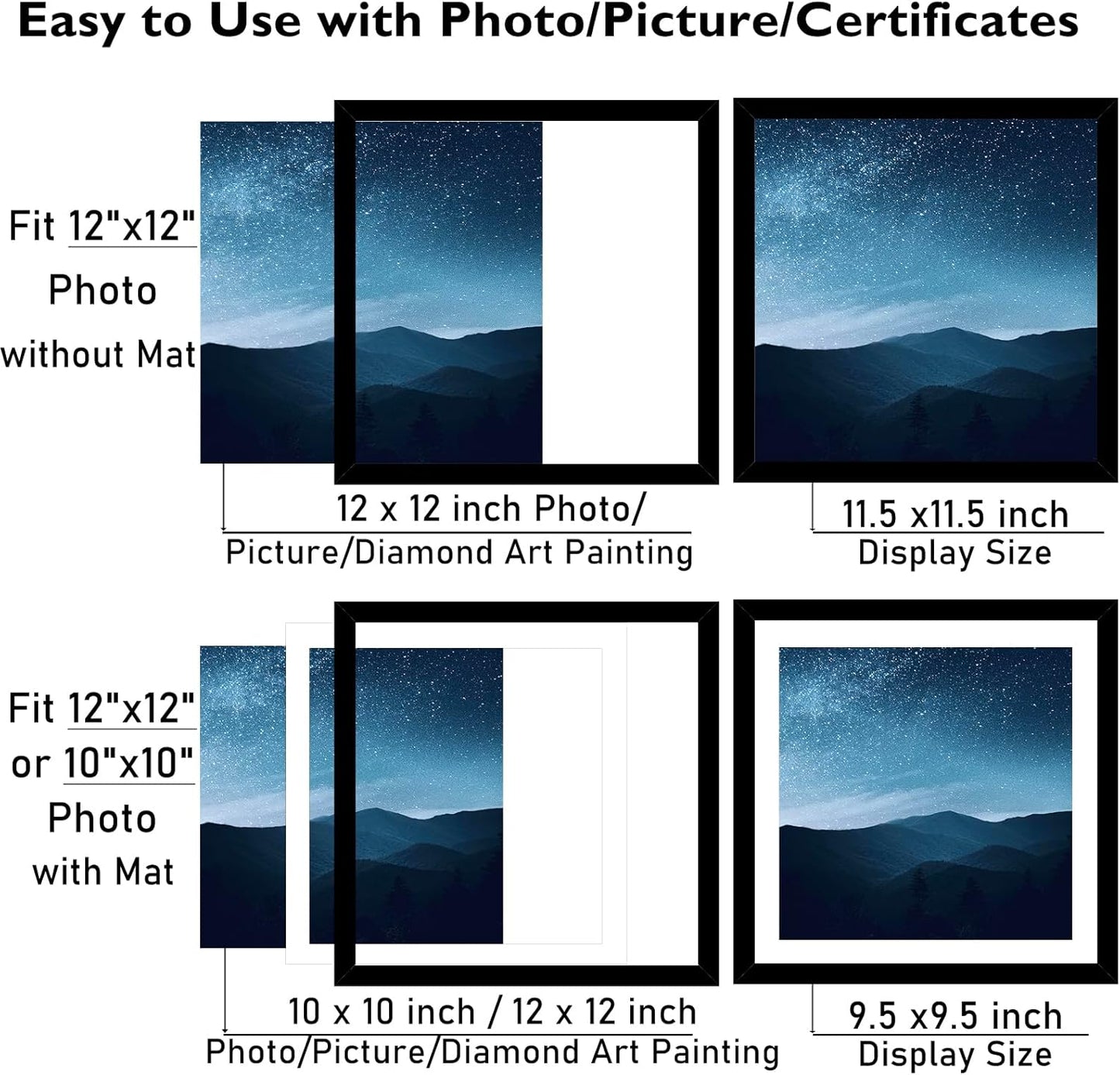 12X12 Picture Frame with Mat for 30 X 30Cm Diamond Art Painting, Display Photo 10X10 or 12 X 12 without Mat, Wall Hanging Large Frame with Plexiglass, Black