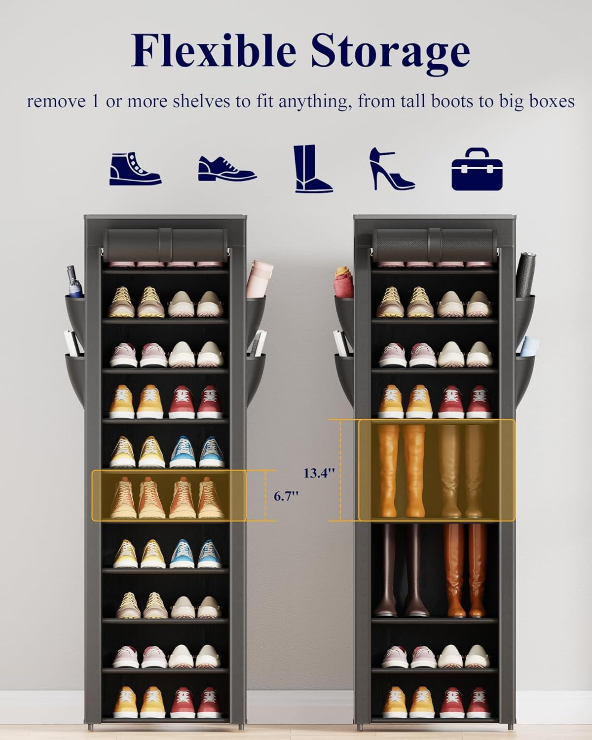Shoe Rack - 10-Tier Large Capacity Shoe Organizer Shelf with Dust Cover & Side Pockets, Rust-Proof Metal Shoe Rack for Closet, Entrance, Living Room, 17.5" X 12.4" X 69.3", Black