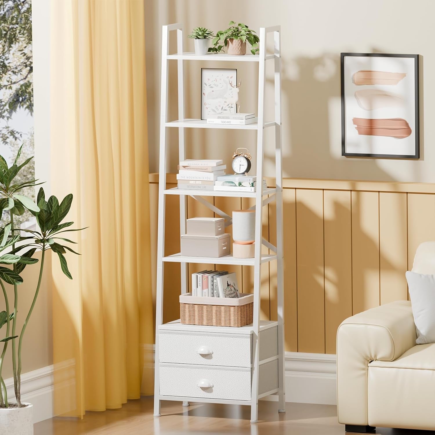 5-Tier Ladder Shelf with 2 Drawers,Narrow Bookshelf Storage Shelves,Industrial Bookcase Freestanding Rack Units for Bedroom,Living Room,Bathroom,Home Office,Balcony,Wood Metal, White