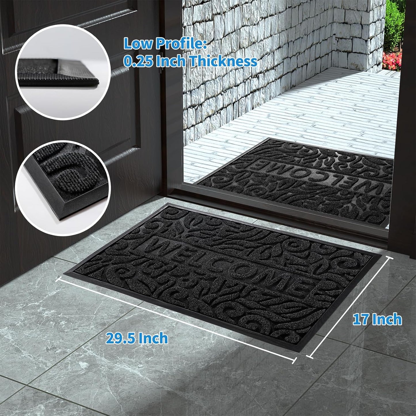 Welcome Mat Outdoor, 29.5X17 Waterproof Door Mat outside Entrance, All-Weather Non Slip Front Door Mat, Low-Profile Entryway Mat Indoor, Porch and Patio, Black