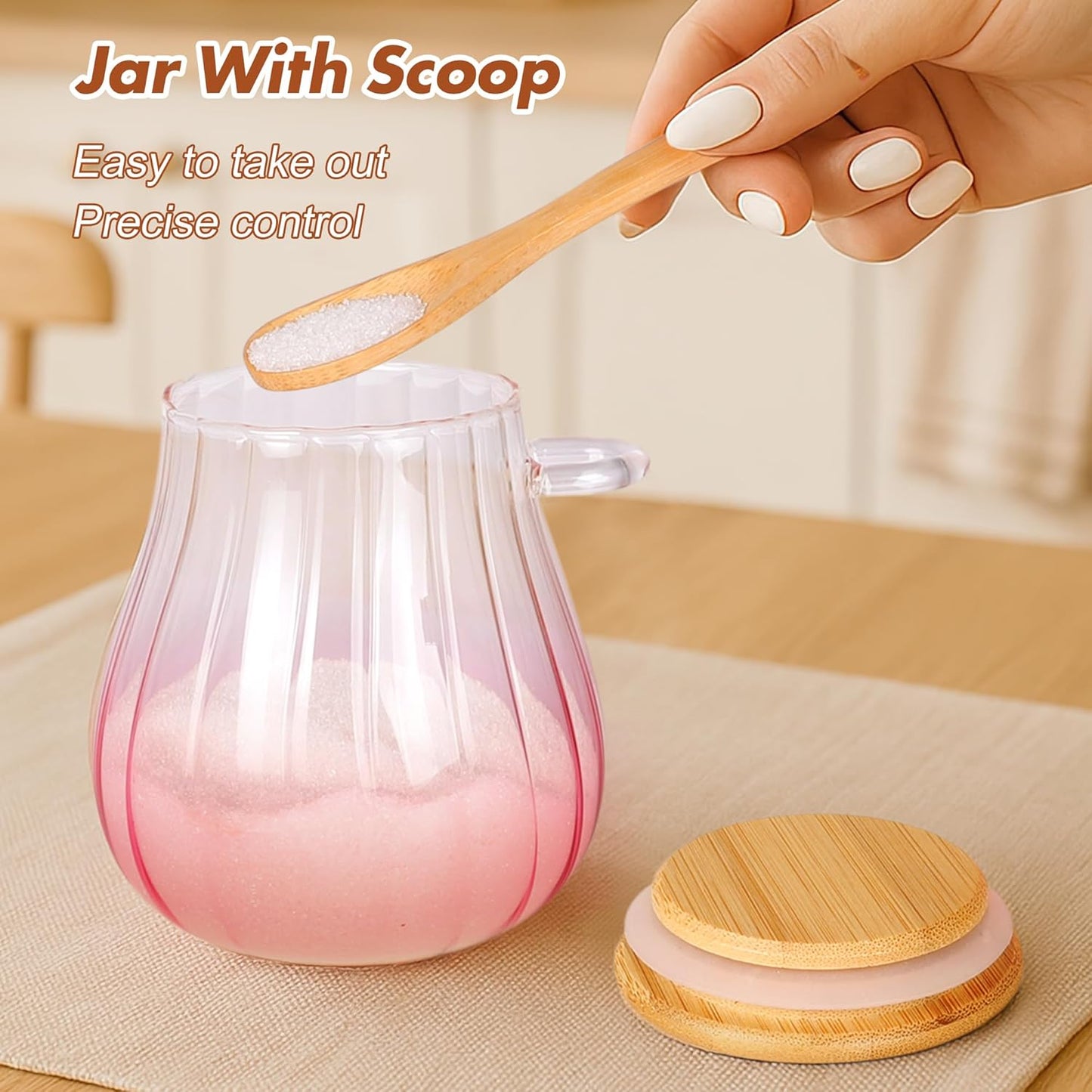 15 Oz Pink Sugar Bowl with Bamboo Lid and Spoon,Pink Kitchen Decor and Accessories,Glass Jar with Airtight Lid, Brown Sugar Keeper, Sugar Container for Coffee Bar and Office