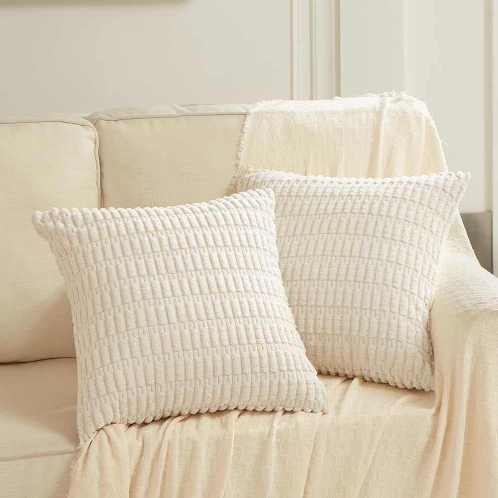 2 Packs Boho Decorative Throw Pillow Covers 18X18 Inch for Living Room Couch Bed Sofa, Rustic Modern Farmhouse Home Decor, Soft Corduroy Cream Square Cushion Case 45X45 Cm