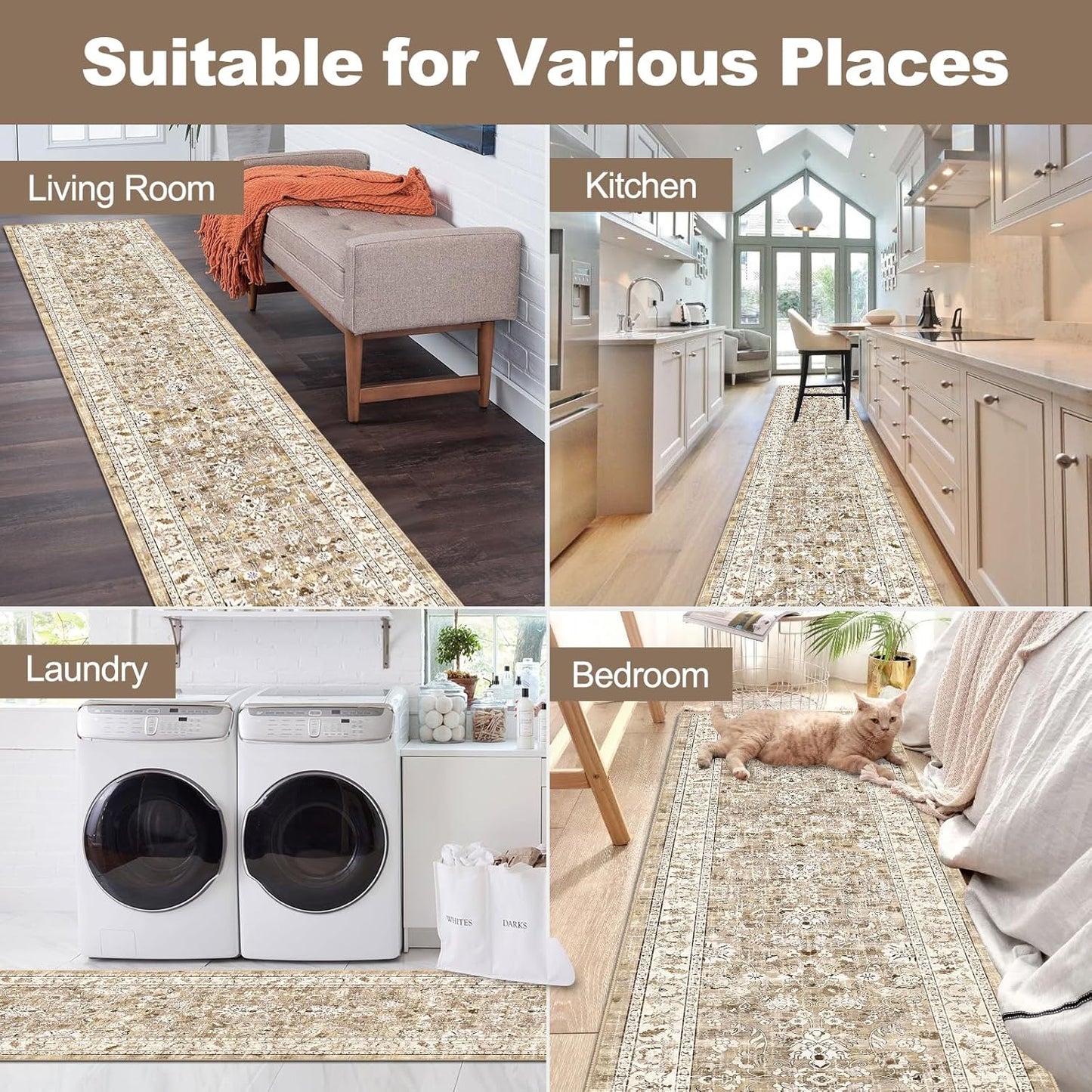 Washable Non-Slip Vintage Hallway Runner Rug, 2x8 ft, Boho Floral Soft Faux Wool Carpet with Rubber Backing for Laundry, Entryway, and Bedroom (Beige Brown)