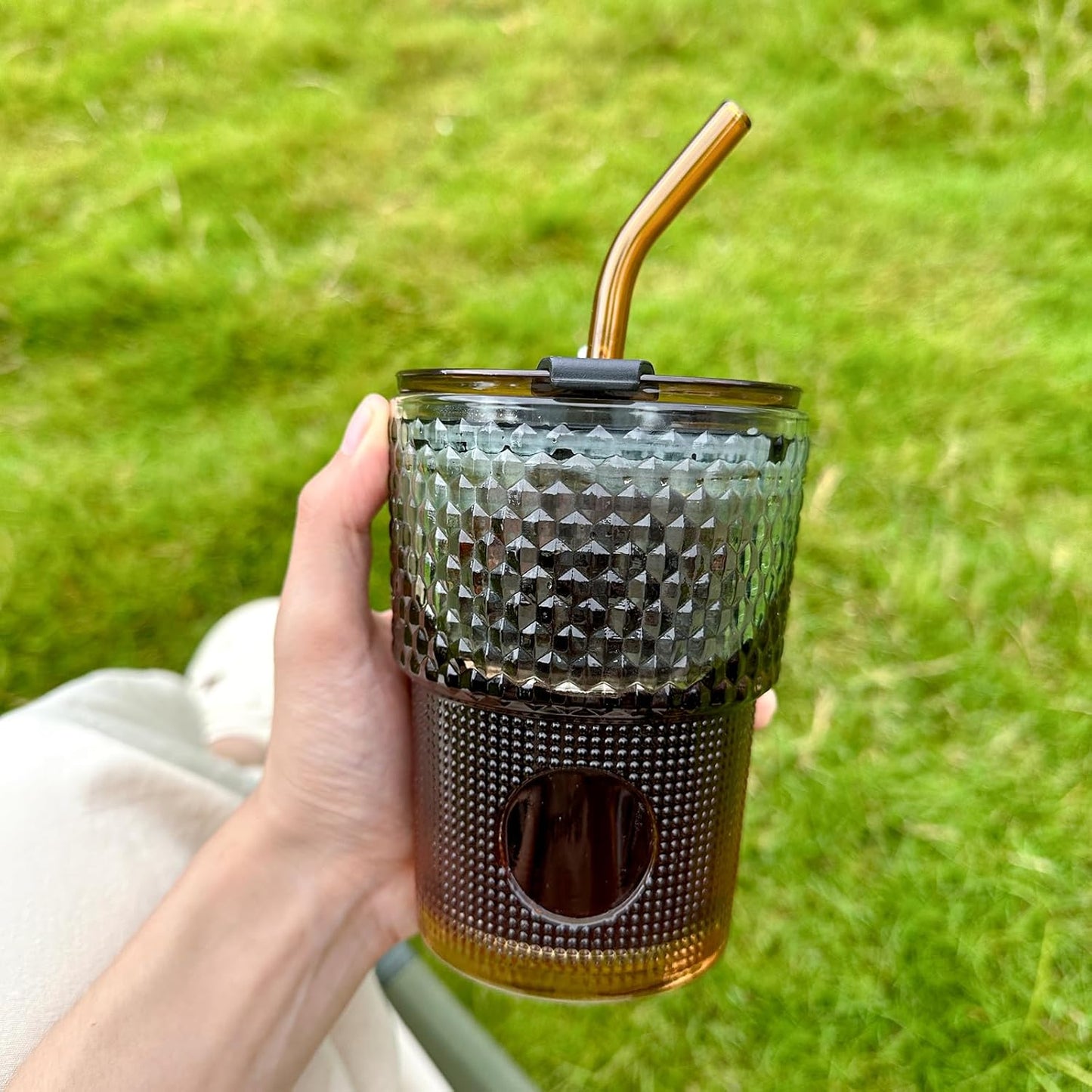 13 Oz Tumbler Water Glass, Water Bottle with Straw and Dustproof Lid, Coffee Ice Cup Double Wall Insulated Glass Cup (Amber-Ribbed)