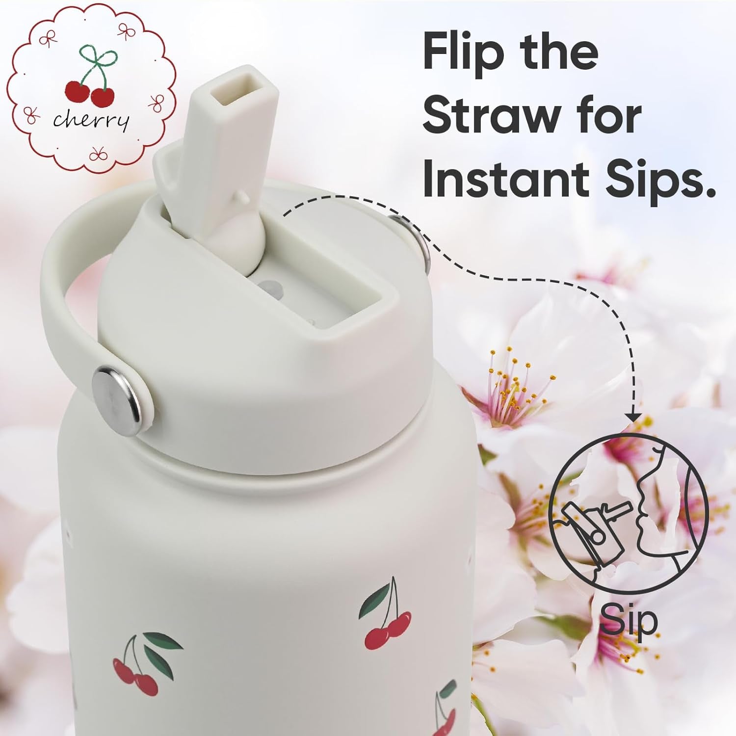 32 Oz Stainless Steel Insulated Water Bottle with Flip Straw and Handle - Leak Proof, Reusable, Wide Mouth Design for Travel, Gym, and School (Cream Cherry)