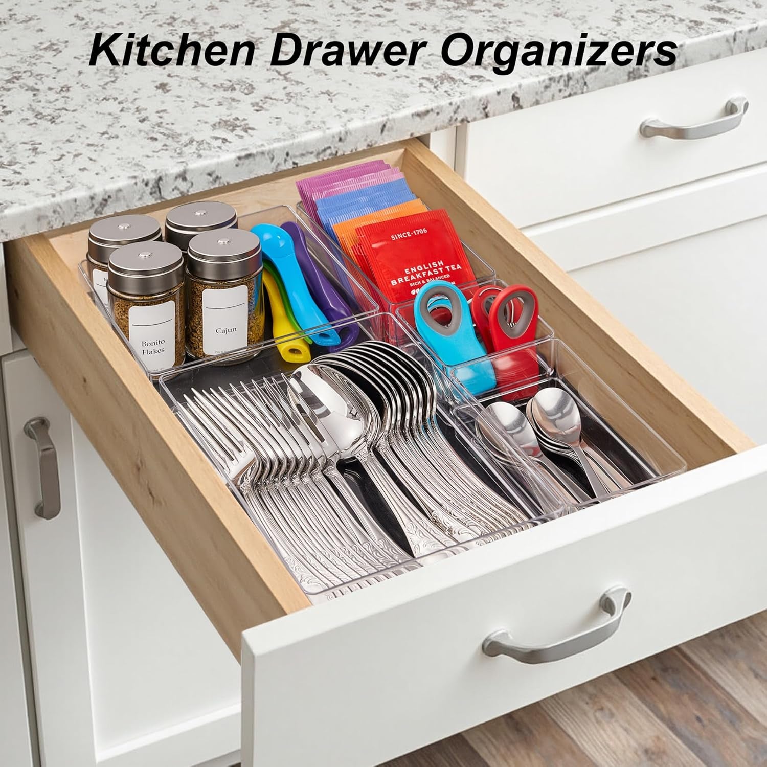 7-Piece Drawer Organizer with Non-Slip Silicone Pads, 4-Size Desk Drawer Organizer Trays Storage Tray for Makeup, Jewelries, Utensils in Bedroom Dresser, Office and Kitchen (Clear)