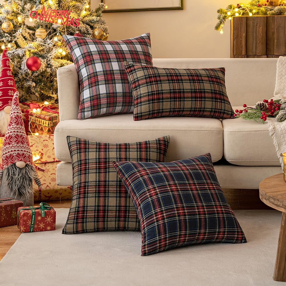 Scottish Tartan Plaid Throw Pillow Covers - Set of 2, 18x18 Inch Decorative Cushion Cases for Farmhouse and Outdoor Use, Blue