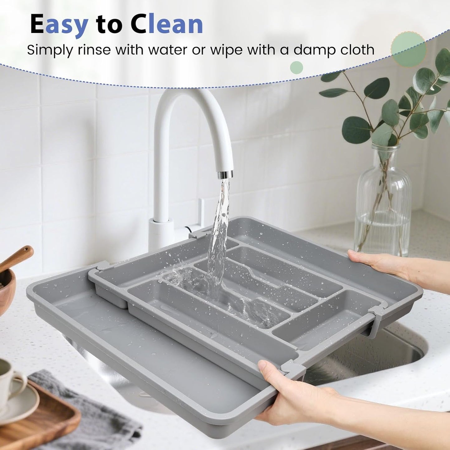 Expandable Large Silverware Organizer for Kitchen Drawers - BPA-Free Thick Plastic with Wider Compartments and Non-Skid Feet (Medium Gray)