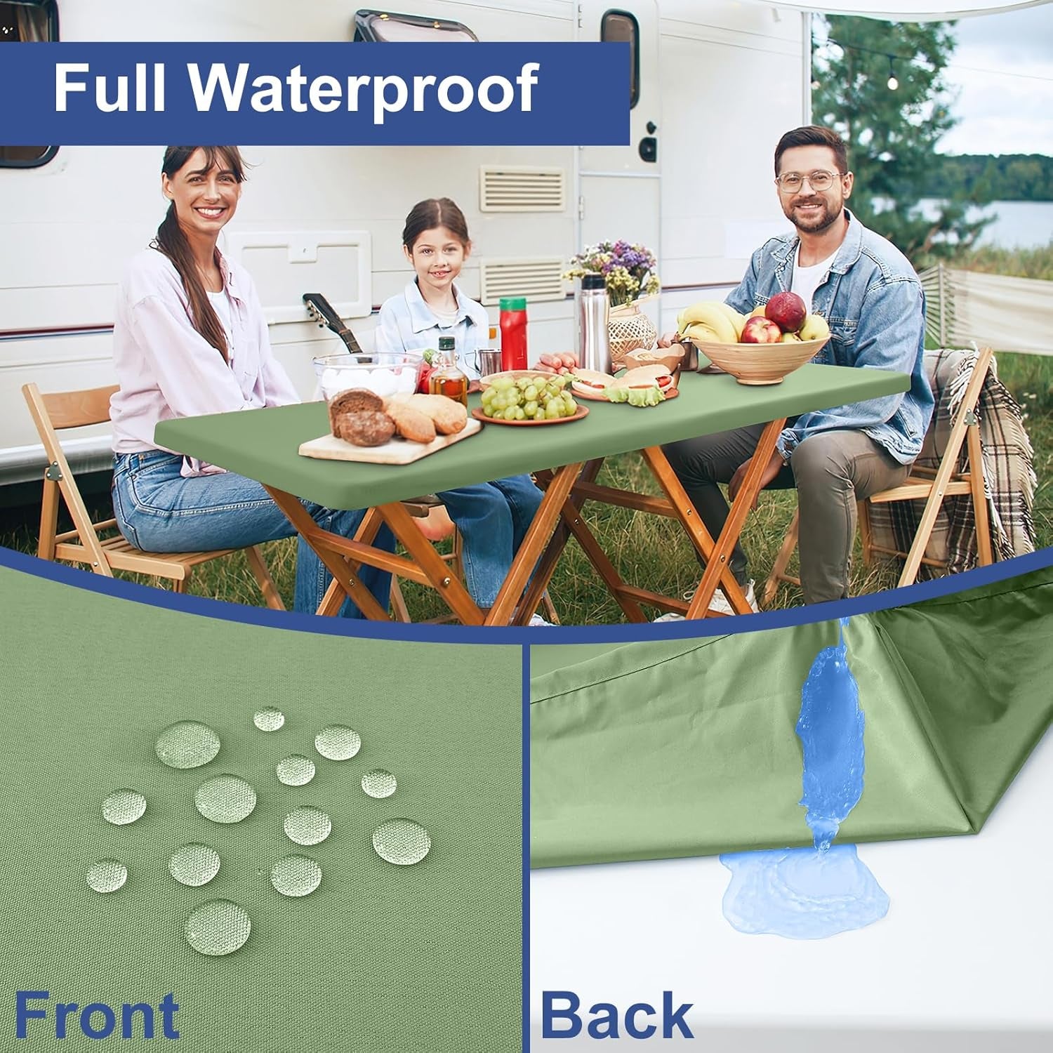 2 Pack 6 Foot Rectangle Elastic Fitted Tablecloth, Waterproof Fabric Table Cover, Washable Polyester Table Cloth for Picnic, Camping, Outdoor (Sage Green, 30" X 72")