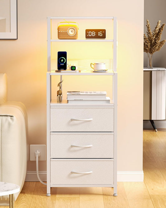 Elegant Bedside Nightstand with 4-Tier Shelving, 3 Fabric Drawers, LED Lighting, and Integrated Charging Station - Versatile Tall Table for Bedroom, Hallway, or Office in White