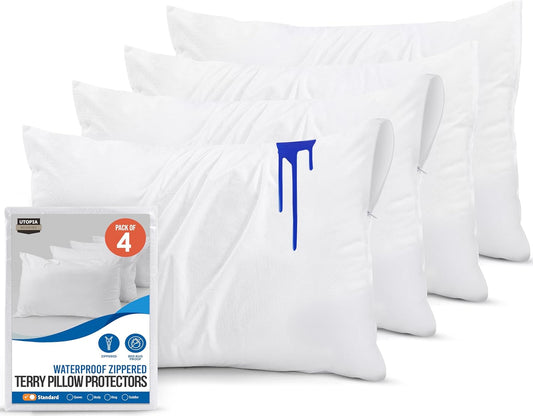 Waterproof Pillow Protectors with Zipper Standard Size (4 Pack), Terry Pillow Covers, Bed Bug and Dust Mite Proof