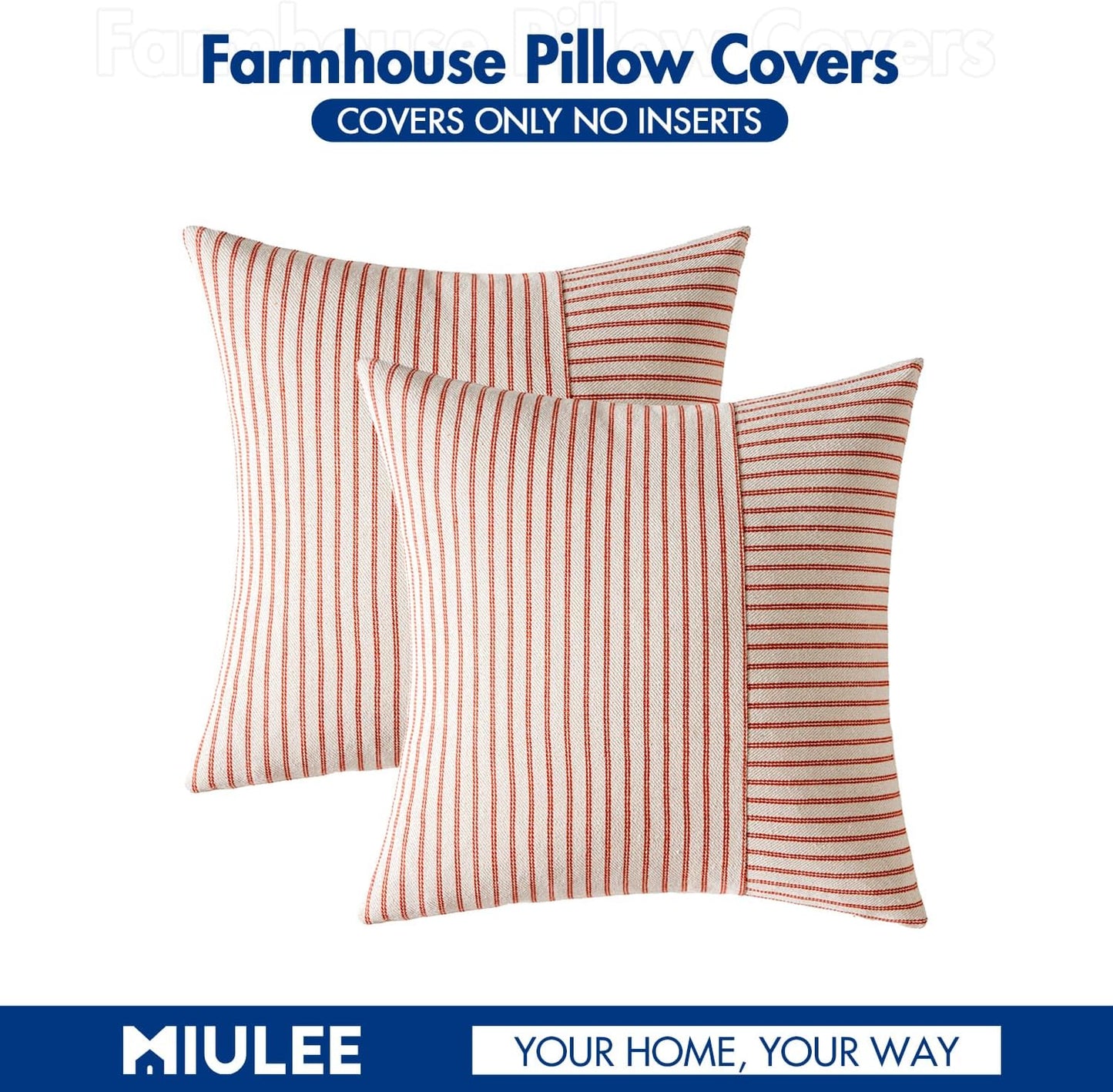 Fall Rust and Beige Patchwork Farmhouse Pillow Covers 18X18 Inch, Pack of 2 Striped Linen Decorative Modern Accent Pillow Cases for Sofa Couch Bedroom