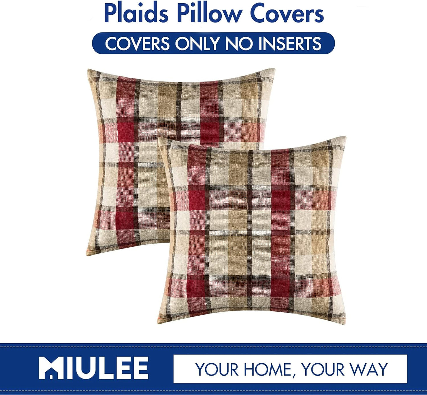 Pack of 2 Christmas Decorative Pillow Covers Check Buffalo Plaids Pillowcase Tartan Linen Rustic Farmhouse Square for Bench Sofa Couch Car Bedroom Red and Tan 18X18 Inch