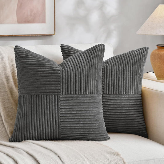 2 Packs Dark Gray Decorative Throw Pillow Covers 18X18 Inch for Living Room Couch Sofa, Rustic Farmhouse Boho Home Decor, Soft Corss Corduroy Patchwork Textured Square Cushion Case 45X45 Cm