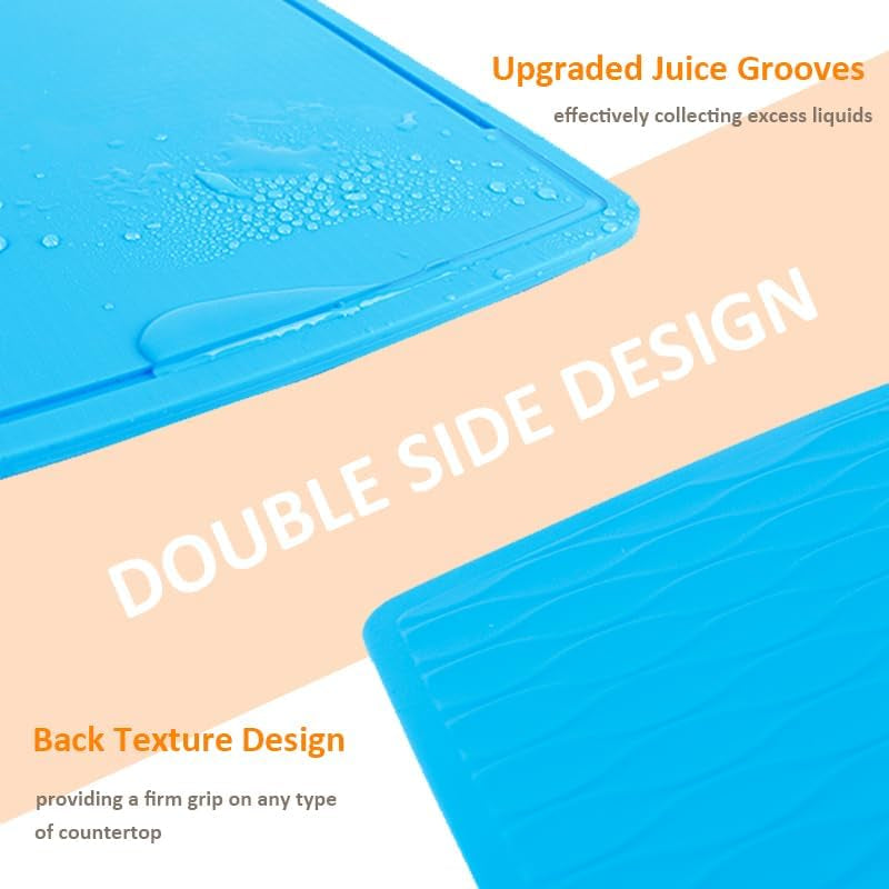 Silicone Thick Cutting Boards Mats Set of 3Pcs Foldable & Flexible Design Juice Grooves Easy Grip Handle Dishwasher Safe for Kitchen,Bpa Free Chif-Blue