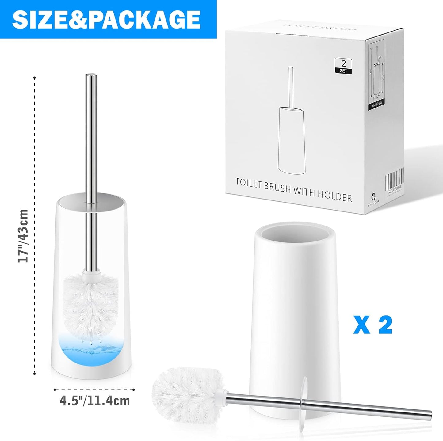 Toilet Brush and Holder Set - 2 Pack, Ergonomic 304 Stainless Steel Long Handle Toilet Bowl Brush for Elegant and Durable Bathroom Use (White)