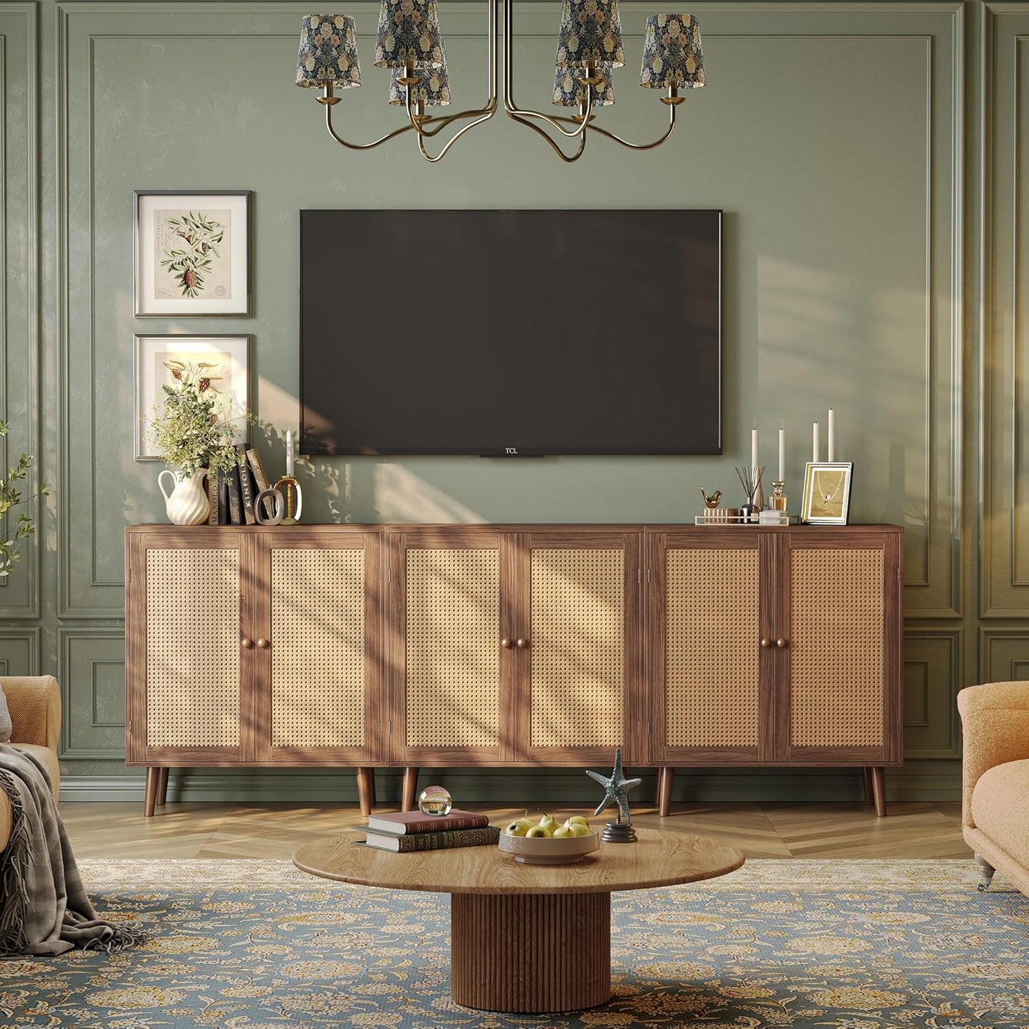 Walnut Buffet Cabinet with Synthetic Rattan Door Accents and Solid Wood Legs for Hallway, Entryway, and Living Room Storage