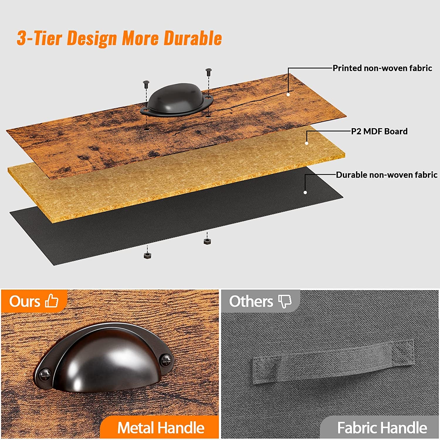 End Table with Storage Shelf and Fabric Drawer, 2 Tiers Industrial Nightstand, Bedside Table Organizer for Living Room Bedroom, Rustic Brown, Easy Assembly