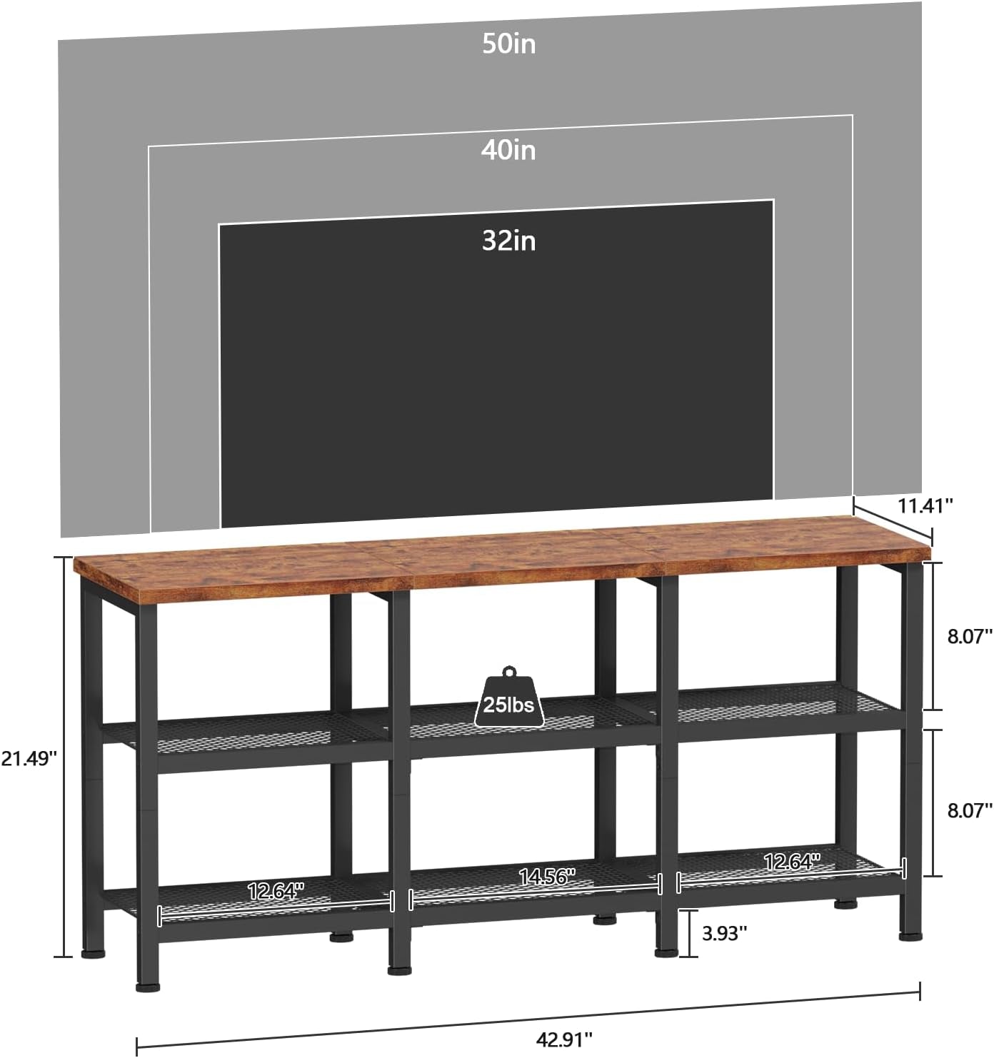 TV Stand, Small Media Console Table with 3-Tier Storage Shelves, Industrial Entertainment Center for Tvs up to 50 Inch, Television Stands for Living Room, Bedroom, Rustic Brown