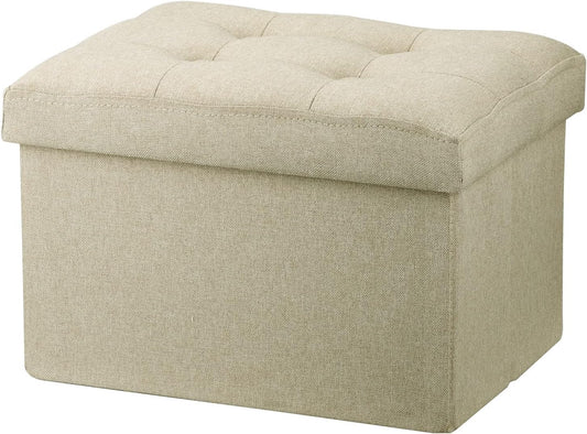 Small Folding Ottoman with Storage - Beige Linen Footrest Stool for Under Desk, 16"x12"x12