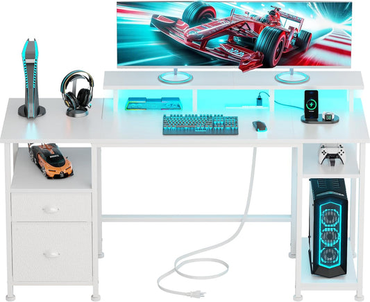 61" Computer Desk with Power Outlet and LED Lights, Reversible Gaming Desk with File Cabinet & Monitor Stand for Home Office, Large Work Table with Storage Shelves & Drawer, White