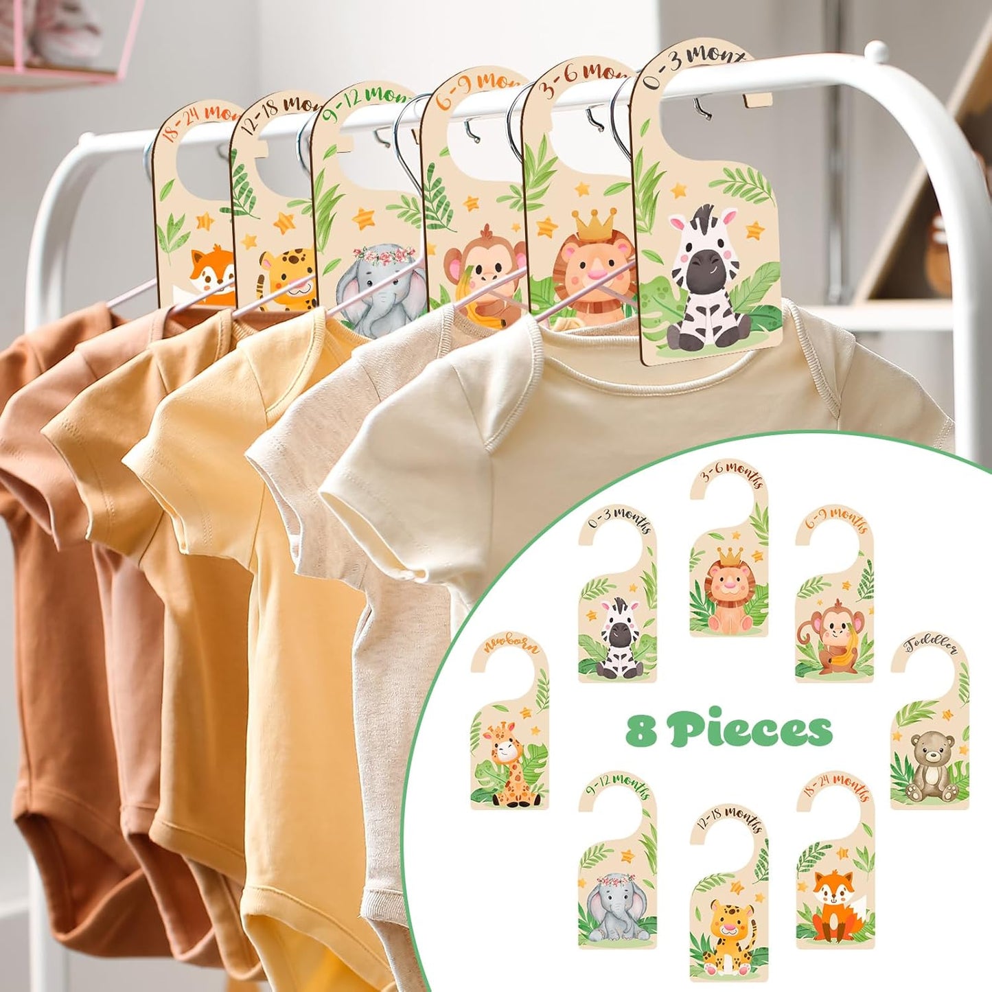 8Pcs Baby Closet Dividers Double Sided Wooden Baby Closet Organizers from Newborn to 24 Months Baby Clothes Hanger Dividers for Baby Girls Boys Nursery Decor