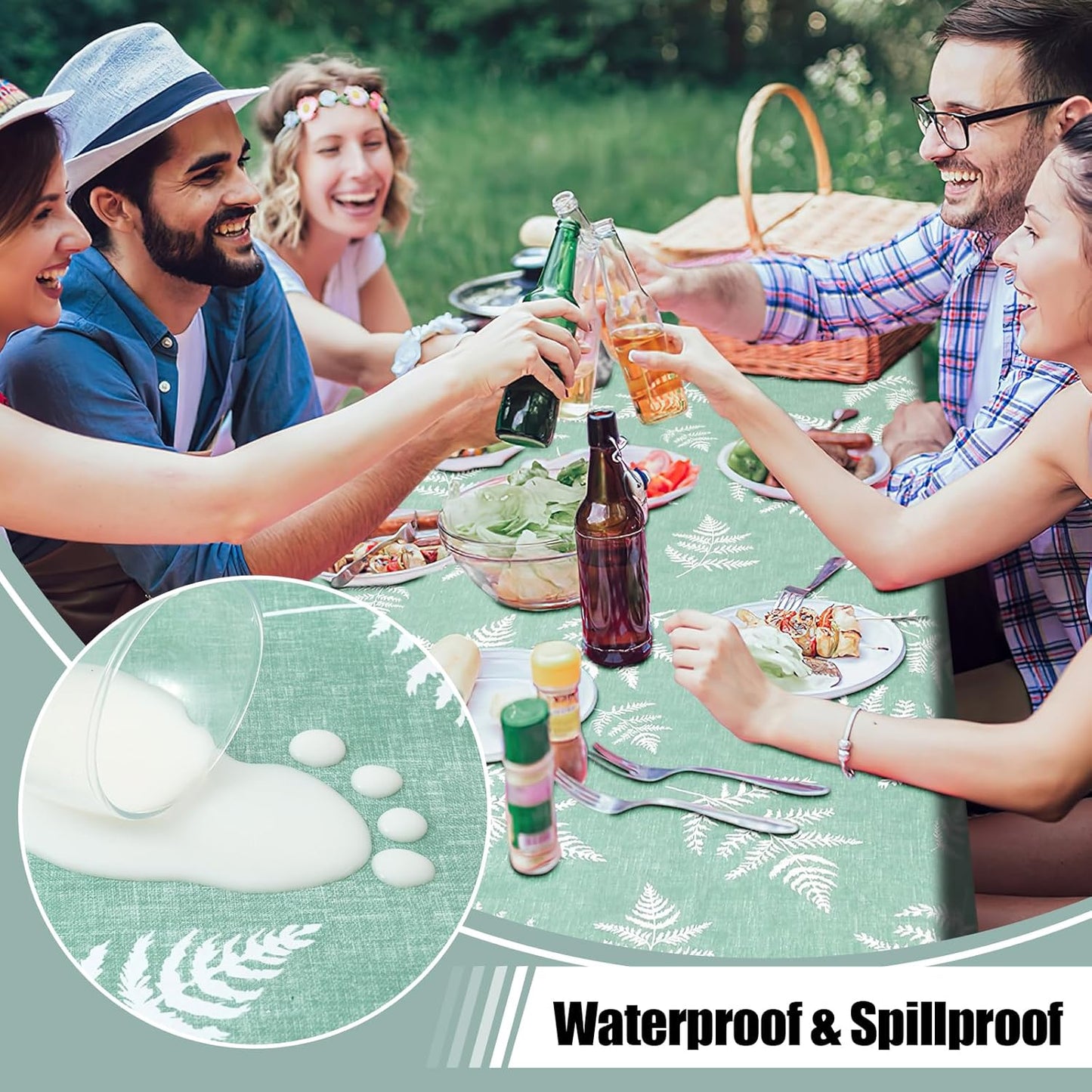 Rectangle Waterproof Vinyl Table Cloth, Wipeable Tablecloth with Flannel Backing, Plastic Table Cover for Dinner, Picnic, Indoor and Outdoor (Light Green Leaves, 60" X 84")