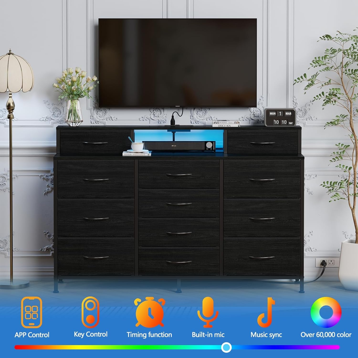 55-Inch Black Dresser with LED Lighting and Power Outlets, Featuring 12 Storage Drawers and 2 Shelves, Ideal for Bedroom, Living Room, or Entryway, Wooden Top with Metal Frame