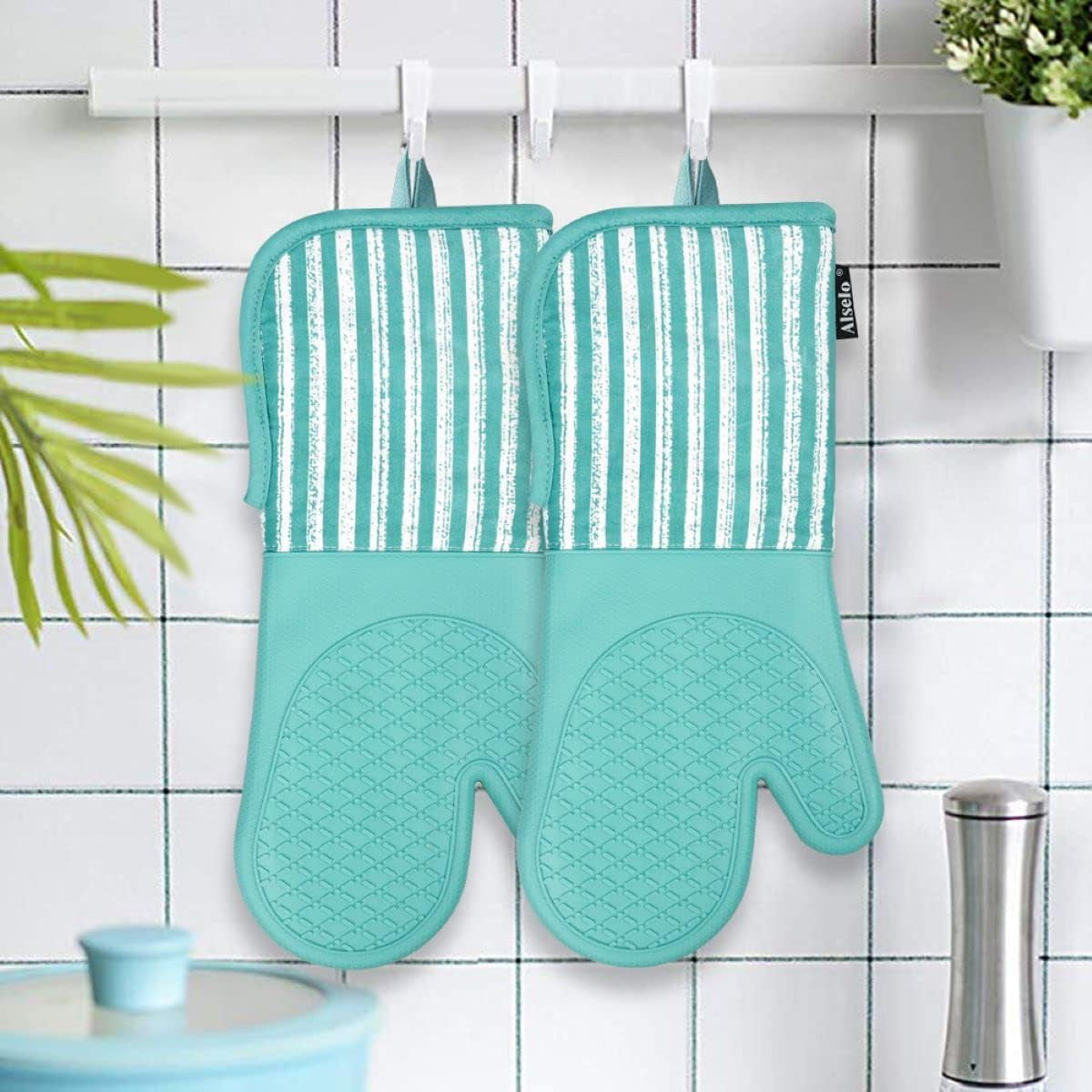 Silicone Oven Mitts Heat Resistant 932℉ with Waterproof & Non-Slip Kitchen Mittens, Set of 2 Extra Long Oven Gloves with Soft Cotton Terry Lining for Baking Cooking Barbecue