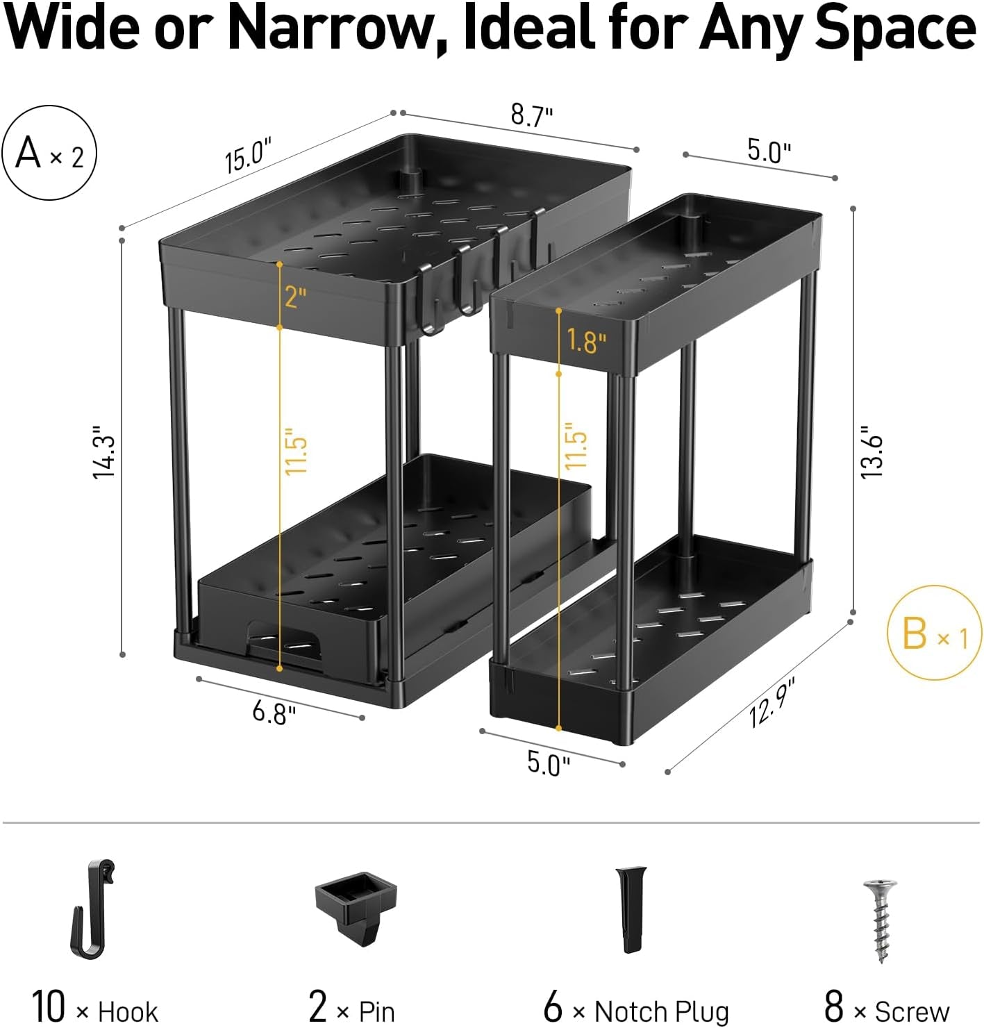 3 Pack under Sink Organizers and Storage, 2 Tier Black Bathroom Cabinet Organizer, Multi-Use Kitchen Bathroom Organizers and Storage, under Counter Organizer with Hooks