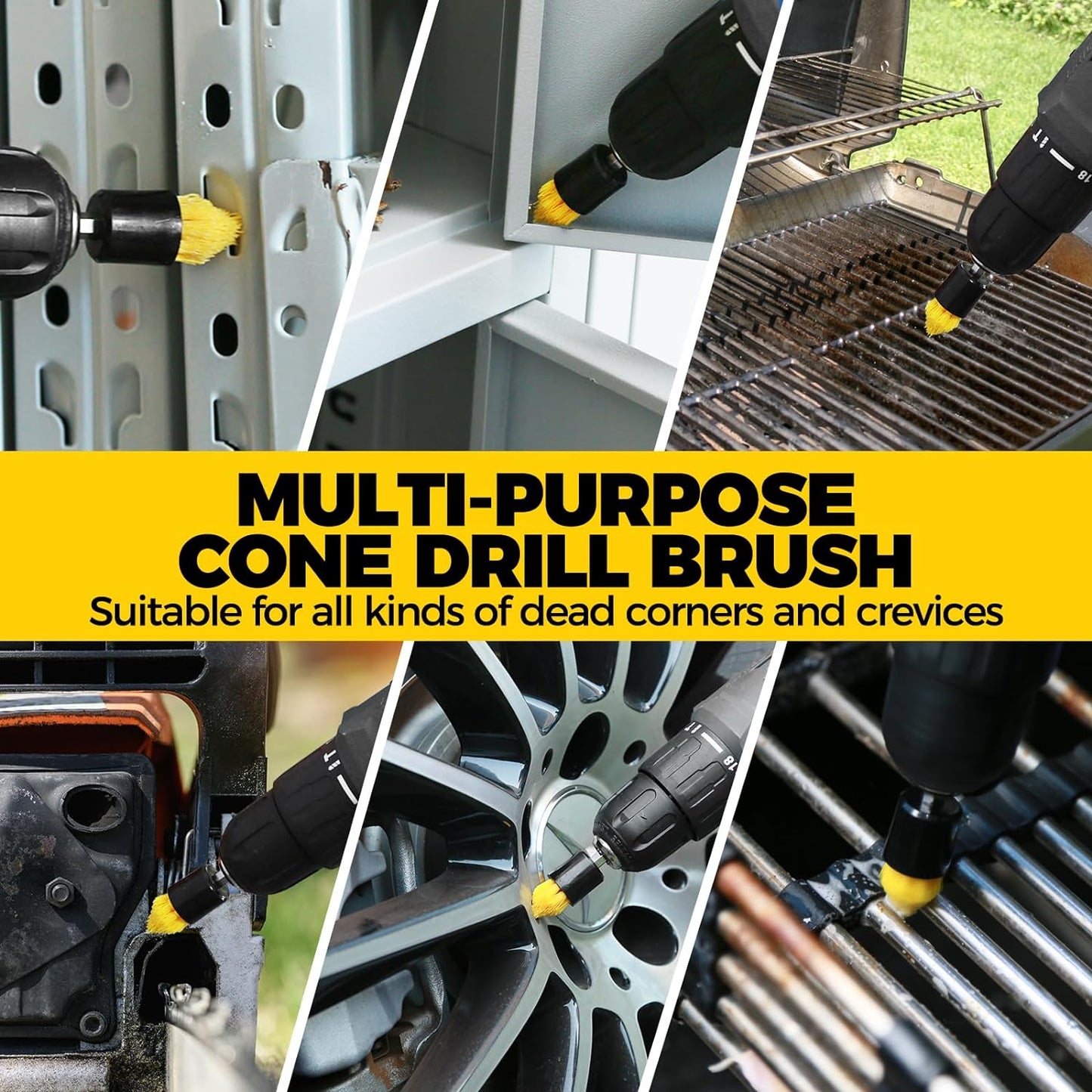9Pack Drill Brush ,All Purpose Drill Brush with Extend Attachment for Bathroom Surfaces, Grout, Floor, Tub, Shower, Tile, Kitchen and Car,Corner,Masonry Brushes,Yellow