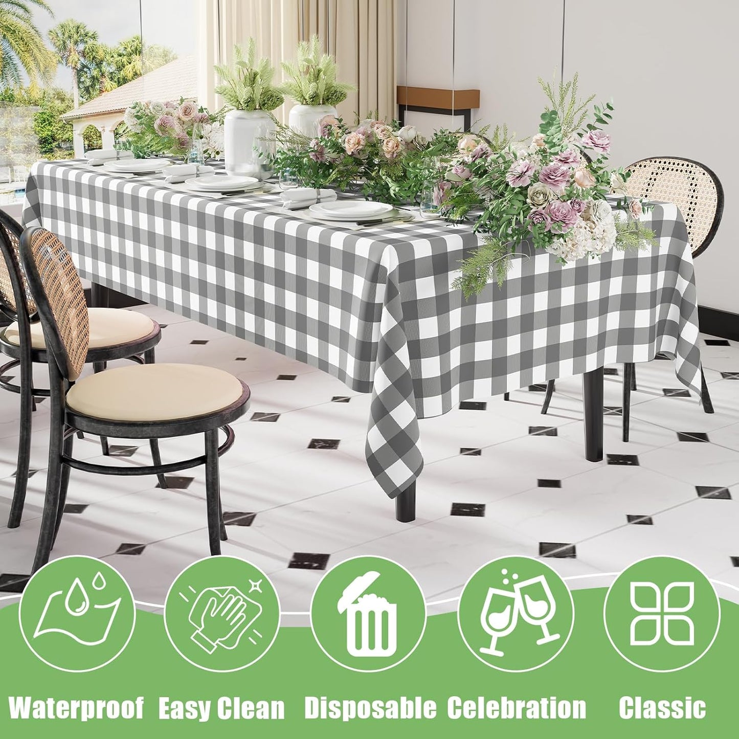 Gingham Disposable Tablecloths - 3 Pack, 54 x 108 Inch Waterproof Plastic Rectangle Covers in Grey and White Checkered Design for Picnics, Birthdays, and Parties