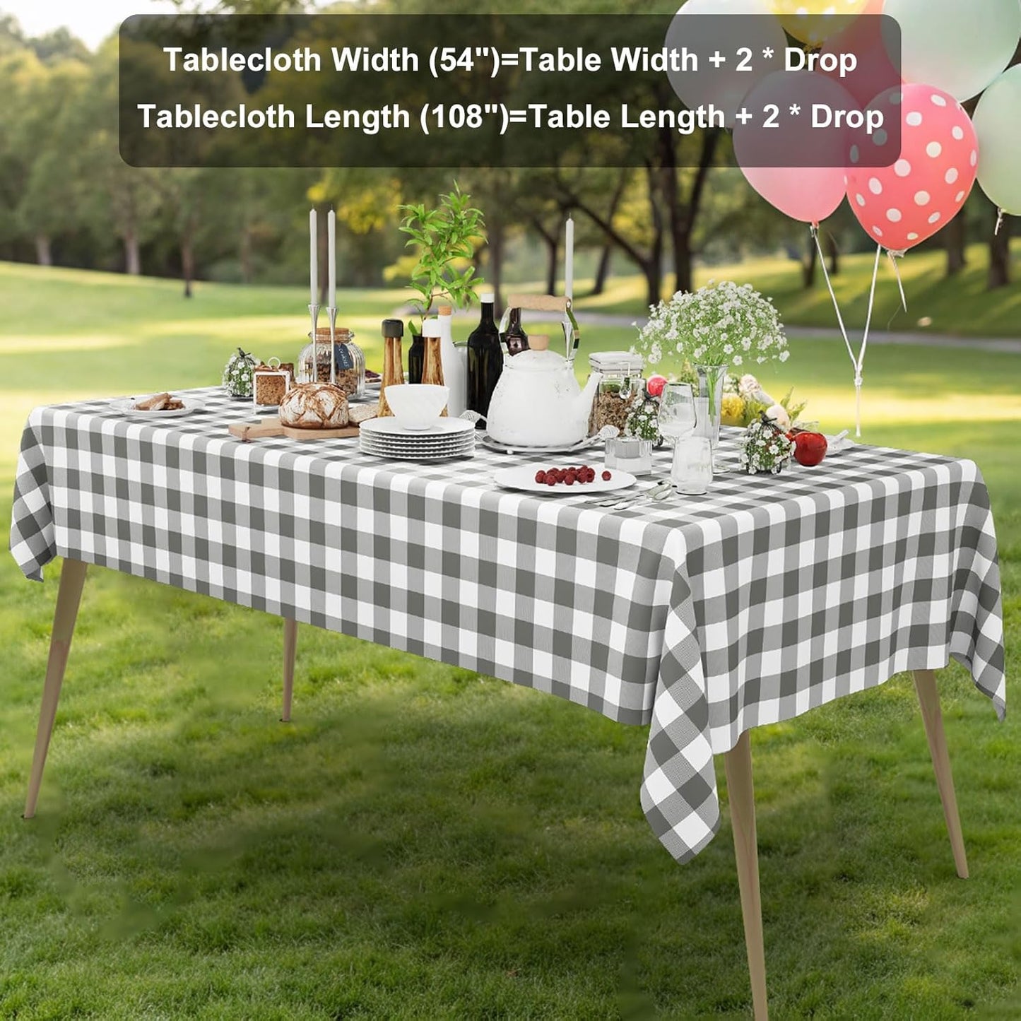Gingham Disposable Tablecloths - 3 Pack, 54 x 108 Inch Waterproof Plastic Rectangle Covers in Grey and White Checkered Design for Picnics, Birthdays, and Parties