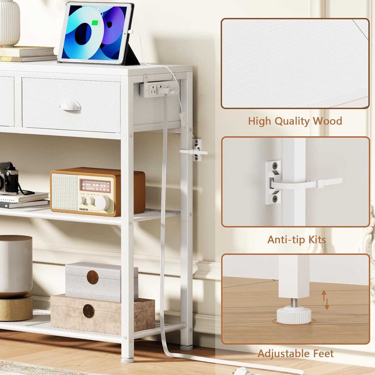 38In Console Table with 3 Drawers, Small Sofa Table with Lights and Power Outlets, Hallway Tables with 3-Tier Shelves, White Narrow Console Table for Entryway, Living Room, Couch, Foyer