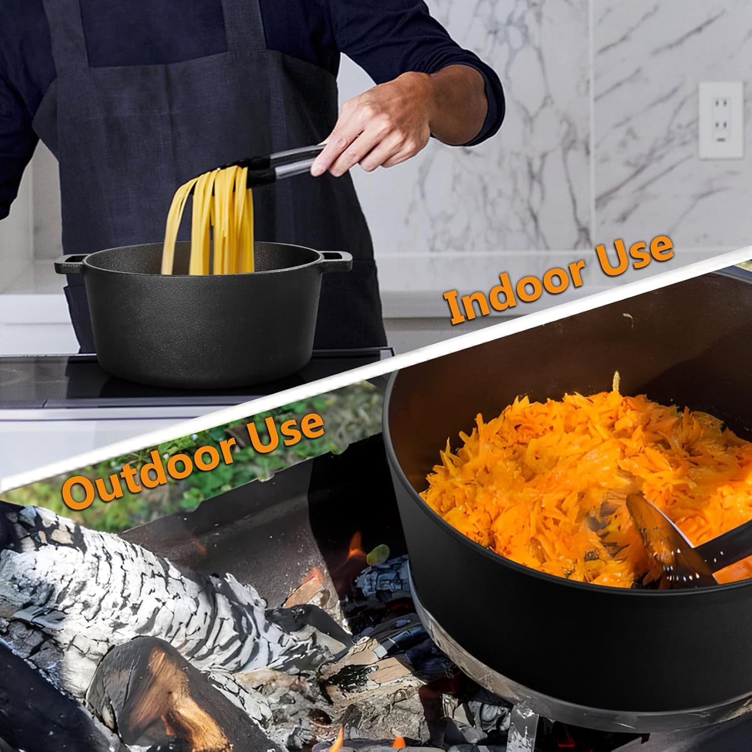 5Qt Dutch Oven Pot for Bread Baking (Black), 2 in 1 round Cast Iron Dutch Oven with Lid Set, Skillet & Pot for Roasting Braising Stewing Frying Simmering, Multi Stoves & Oven Safe