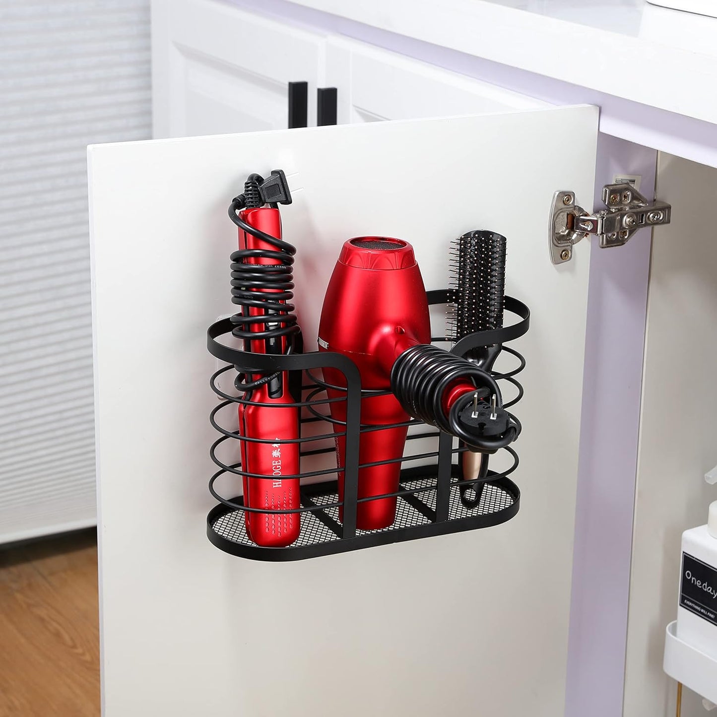 Wall-Mounted Hair Dryer Holder - Adhesive Bathroom Organizer for Hot Tools and Electric Shavers, Black