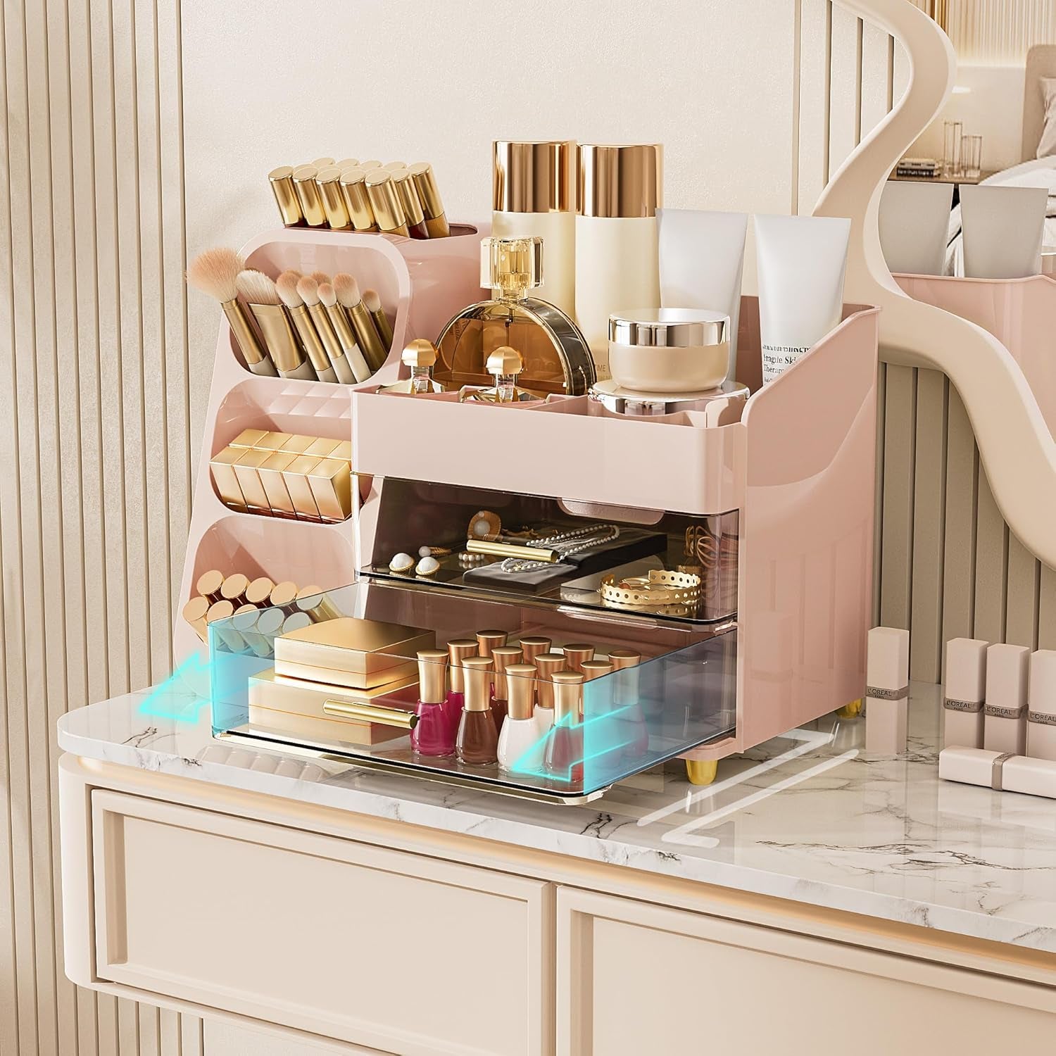 Makeup Organizer with Drawers for Vanity, Spacious Cosmetic Display Case with Makeup Brush Holder, Perfect Vanity Bathroom Organizer and Storage Solution for Skincare & Beauty Essentials, Pink
