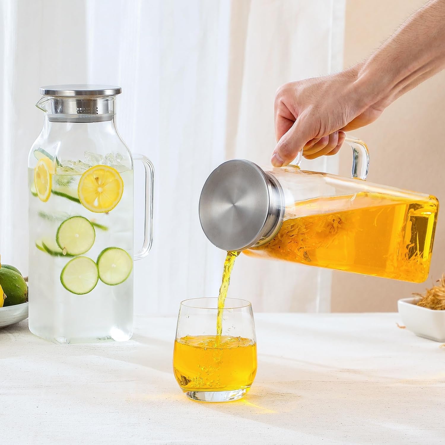 3 Pack 2 Liters/68 Oz Square Glass Pitcher with Lid and Handle for Fridge, Iced Tea and Coffee Carafe Beverage Serveware, Heat Resistant Borosilicate Water Jug for Hot/Cold Drinks and Milk